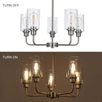 5-Light Brushed Nickel Chandelier with Clear Glass Shades, E26 Base Modern Pendant Light Fixture, Adjustable Swivel Heads Ceiling Lighting, Farmhouse Chandelier for Dining Room Kitchen Hallway