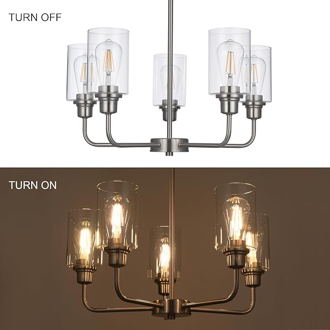 5-Light Brushed Nickel Chandelier with Clear Glass Shades, E26 Base Modern Pendant Light Fixture, Adjustable Swivel Heads Ceiling Lighting, Farmhouse Chandelier for Dining Room Kitchen Hallway