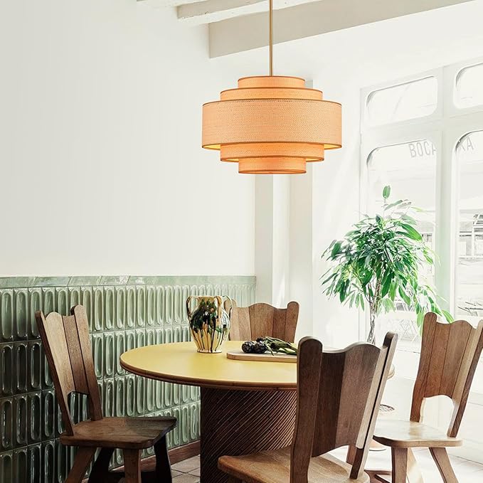 Farmhouse 19.7" Drum Rattan Chandelier 4-Lights Vintage Boho Rattan Chandelier Retro Vintage Bamboo Drum Chandeliers for Dining Room, Kitchen Island, Living Room, Bedroom