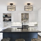 Drum Semi Flush Mount Ceiling Light Fixture Vintage Modern Farmhouse 2-Lights Linen Drum Ceiling Lighting Rustic Black Ceiling lamp for Dining Room, Bedroom, Kitchen, Laundry Room