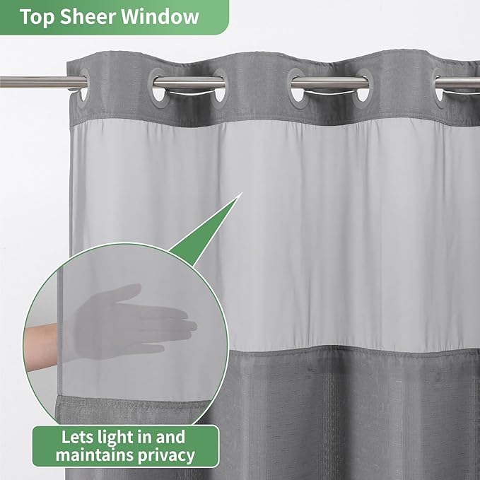 Grey No Hook Shower Curtain with Snap-in Fabric Liner Set,Slub Textured Fabric Shower Curtains for Bathroom,Hotel Style Modern Shower Curtain,Water Repellent & Washable,71x74(72)