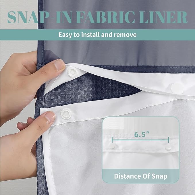 Navy No Hook Waffle Weave Shower Curtain with snap-in Liner Replacement, 230GSM Waterproof Fabric Hotel Shower Curtain Set for Bathroom, Through Mesh Top Window,71Wx77H