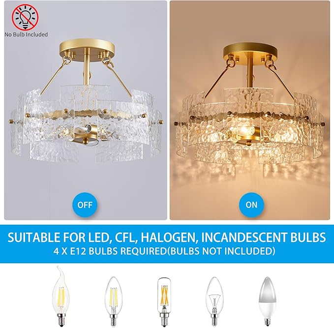 XINGQI Modern Gold Ceiling 4-Light Farmhouse Water Ripple Glass Ceiling Lighting Fixture 15.7" Drum Ceiling Lights for Bedroom Dining Room Living Room Hallway Entryway Closet