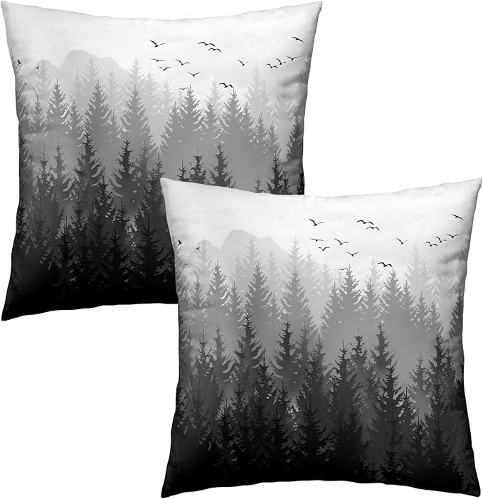 Gray White Forest Pillow Covers 16x16 Inch Set of 2, Black Grey Trees and Mountain Square Throw Pillow Case Decorative Cushion Cover Soft Cotton Pillowcase for Home Couch Bed Sofa