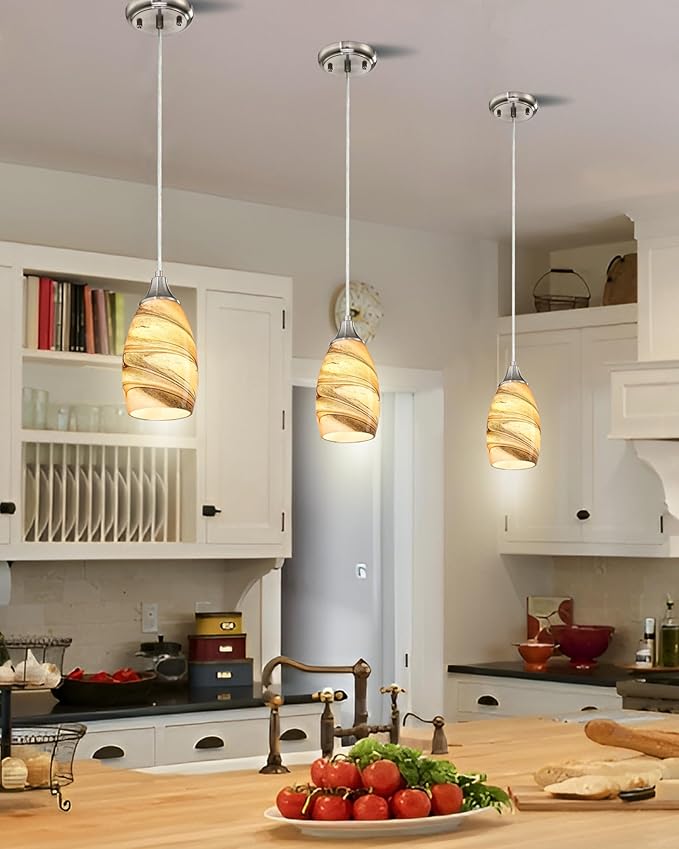 Mini Pendant Lights Kitchen Island Light Brown Glass Lamp Shade Hand Blown Glass Pendant Light with Brush Nickel Finish Adjustable Cord for Kitchen Over Sink, Dining Room (Light Brown-3P)