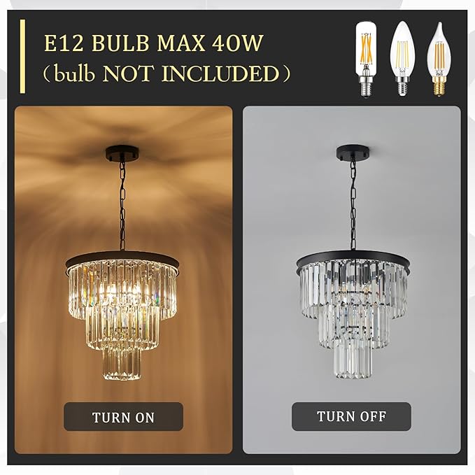 Modern Crystal Chandeliers 16" Small Black Pendant Light Luxury 3 Tiers K9 Crystal Ceiling Pendant Round Light Fixture 6-Light for Dining Room Entryway Kitchen Bedroom Closet