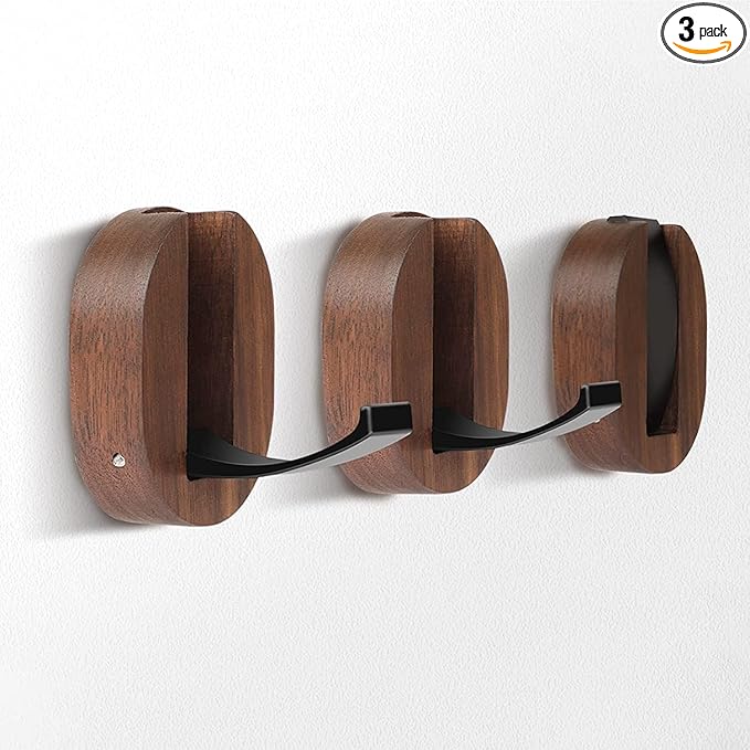 3 Pack Coat Hooks, Wood Wall Hooks Folding for Hanging Coat, Rustic Walnut Wood Hardware Heavy Duty Aluminum Alloy No Rust with Screws for Hat, Bags, Backpack, Purse Fitness Equipment