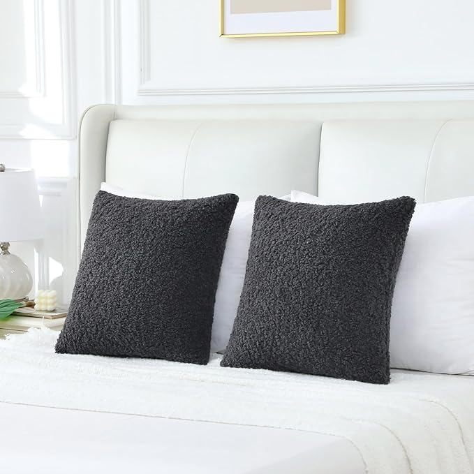 FUTEI Charcoal Throw Pillow Covers 26x26 Inch Set of 2,Furry Faux Fur Teddy Boucle Textured Cushion Covers,Soft Fluffy Decorative Euro Pillow Shams,Home Decor for Couch Bed Living Room Office Car