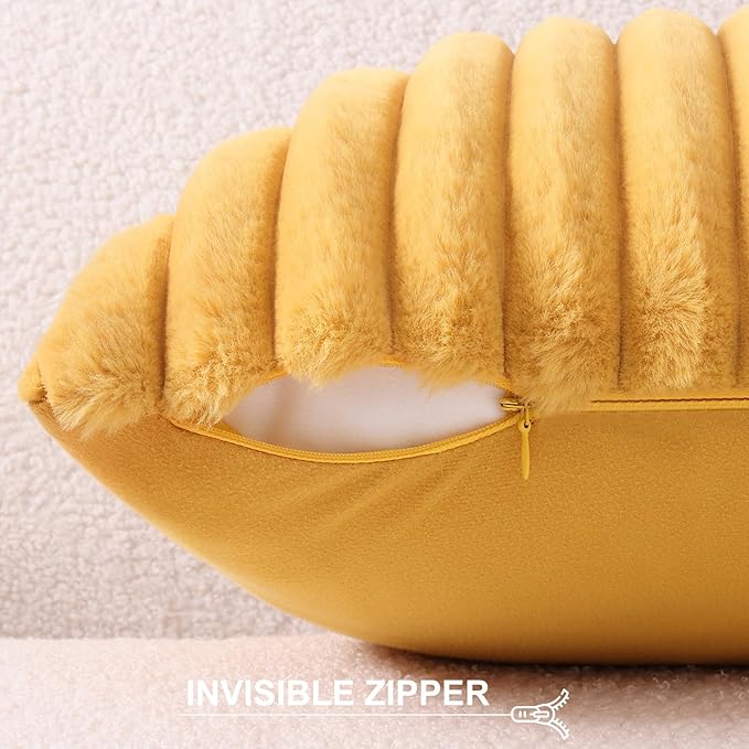 Pallene Faux Fur Plush Lumbar Throw Pillow Covers 12x20 Set of 2, Luxury Soft Fluffy Striped Decorative Pillow Covers for Sofa, Couch, Living Room, Mustard Yellow
