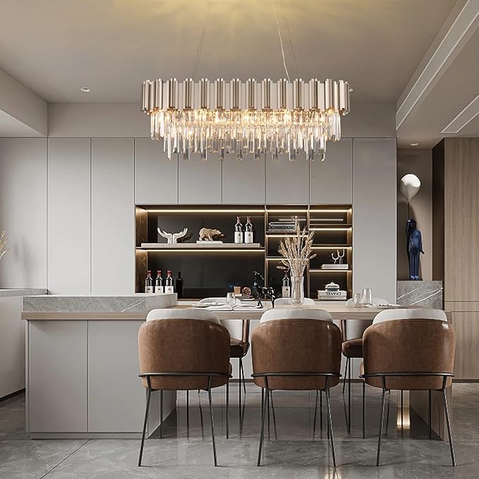 L35.4 Linear Modern Crystal Chandeliers Luxury Nickel Rectangle Chandelier for Dining Room Contemporary Oval Raindrop Pendant Ceiling Light Fixture for Kitchen Island Entryway Foyer 10 Lights