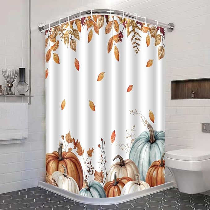 Fall Pumpkin Shower Curtain Autumn Leaves Harvest Thanksgiving Shower Curtains for Bathroom Waterproof Polyester Fabric Bathroom Curtain 72 x 72 Inch with 12 Hooks