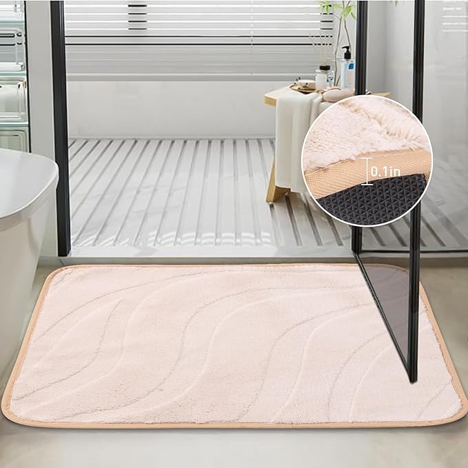Bath Mats 36x24 Non-Slip Absorbent Bathroom Rug, Quick Dry Machine Washable Shower Tub Mat with Rubber Backing, Soft Floor Carpet for Bathroom Decor Wave White