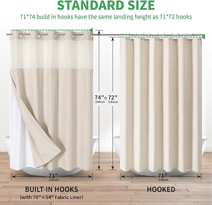 No Hooks Polyester Textured Shower Curtain with Snap-in Fabric Liner Set, Hotel Luxury Decor Shower Curtains for Bathroom with See Through Top Window, Waterproof & Washable, 71Wx74H, Cream