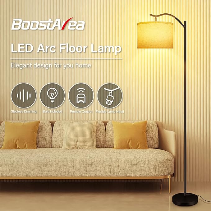 BoostArea Floor Lamp for Living Room,Arc Floor Lamp with Remote Control,Stepless Dimmable Brightness & Colors Temperature 2700k-6500k,Modern Standing Lamp for Bedroom Study Room Office,Beige