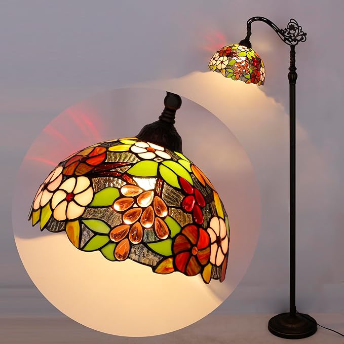 Tiffany Floor Lamp Stained Glass Purple Grape Style Arched Reading Light Gooseneck Adjustable Corner Standing Lamp 12X16X66 Inch for Bedroom Living Room Home Office