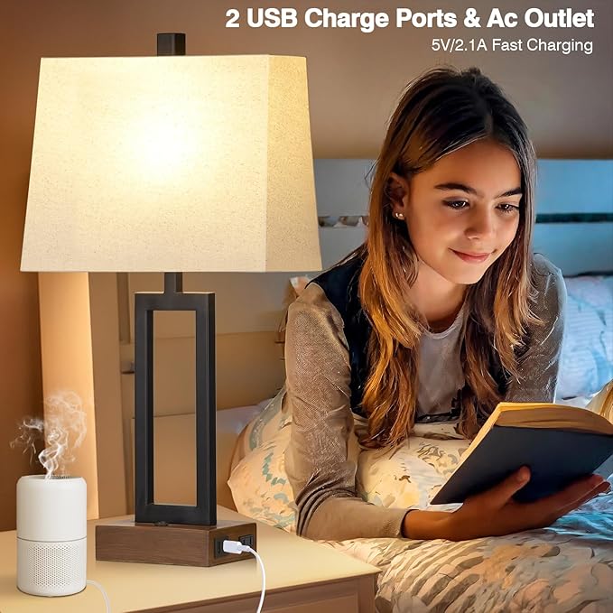 23.5" Table Lamps Set of 2, Modern Black Bedside Lamps with 2 USB Ports & AC Outlet, Contemporary Nightstand Lamps with Wood Base for Bedroom Living Room(LED Bulb Included)