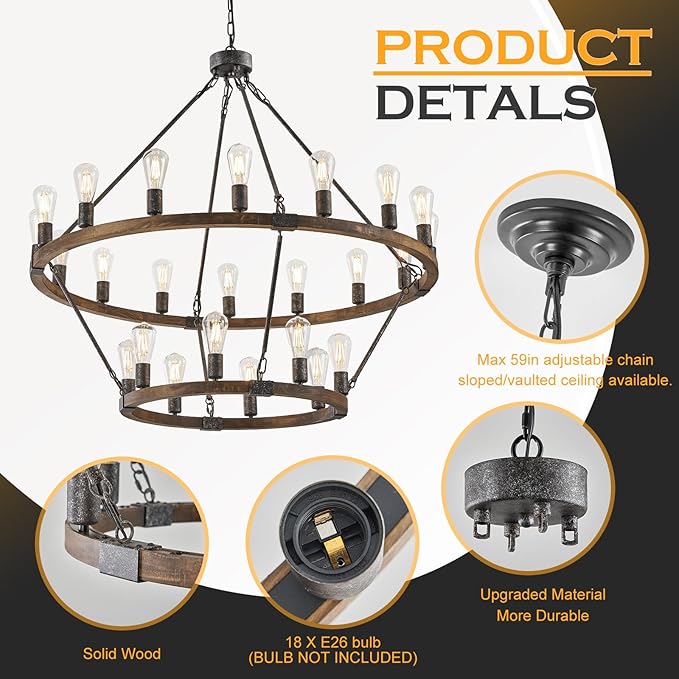 2 Tier Wagon Wheel Chandelier Large Wooden Farmhouse Pendant Light Fixture 24-Light 43" Rustic Round Chandeliers for Foyer Living Room Entryway