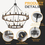 2 Tier Wagon Wheel Chandelier Large Wooden Farmhouse Pendant Light Fixture 24-Light 43" Rustic Round Chandeliers for Foyer Living Room Entryway