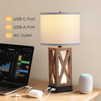 Wood Table Lamp, Vintage Nightstand Lamp with USB Charging Ports A/C, Farmhouse Bedside Lamps for Living Room