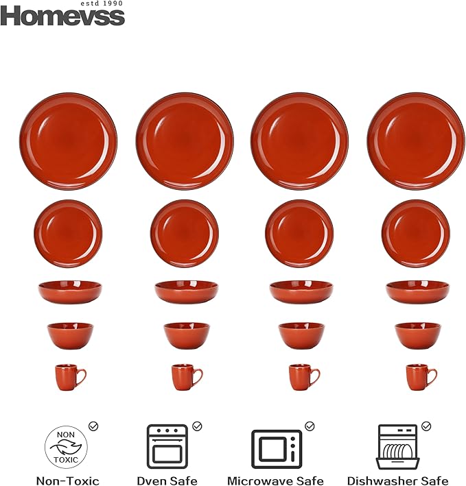 Eur-Nordic Shape Raising Rim 20pc Dinnerware Set, Shiny Glaze Orange with Speckle Effect