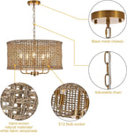 Hand-Woven Rattan Chandelier Vintage Farmhouse Boho Bamboo Golden Chandelier Light Fixture Retro 5-Lights Drum Wicker Gold Chandeliers for Dining Room, Kitchen Island, Living Room, Entryway