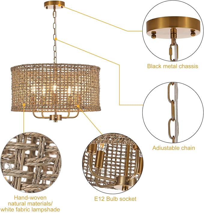 Hand-Woven Rattan Chandelier Vintage Farmhouse Boho Bamboo Golden Chandelier Light Fixture Retro 5-Lights Drum Wicker Gold Chandeliers for Dining Room, Kitchen Island, Living Room, Entryway