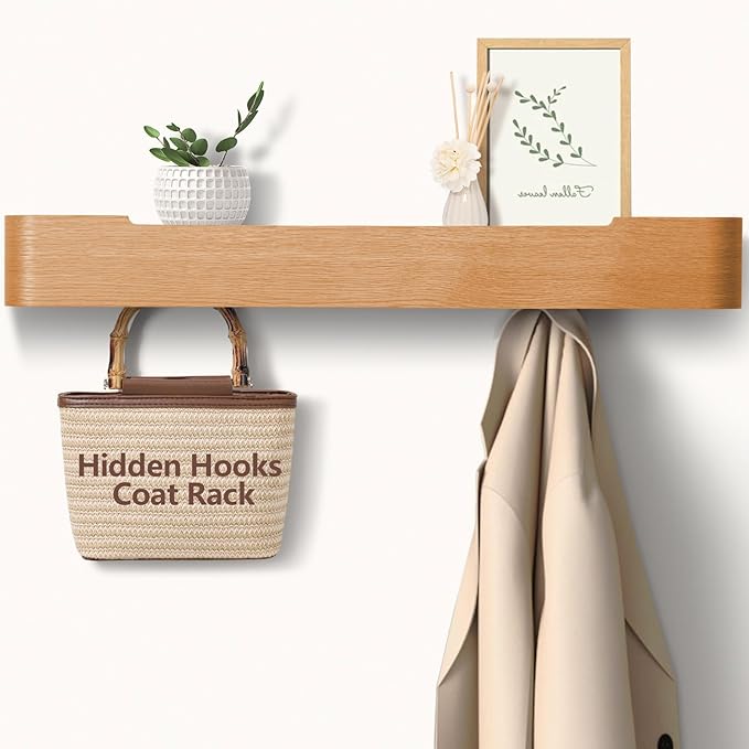 Coat Rack Wall Mount with Hidden Hooks Entryway Hanging Shelf Modern Wood Coat Hanger for Bedroom Kitchen Hallway Bathroom (Oak,32.7 Inch Long)
