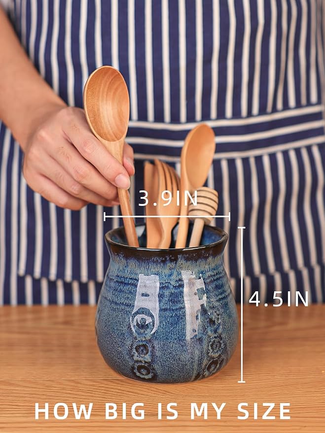 Ceramic Utensil Holder, Small Utensil Crock Ideal for Spoons, Forks and Knives, Easy to Clean 30 oz (Gradient Blue)