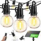 100FT Solar Lights Outdoor String Lights Waterproof G40 Patio lights Solar Powered with Remote USB Port 30+2 LED Shatterproof Bulbs 3 Light Modes, Dimmable Solar Lights for Camping for Porch Backyard