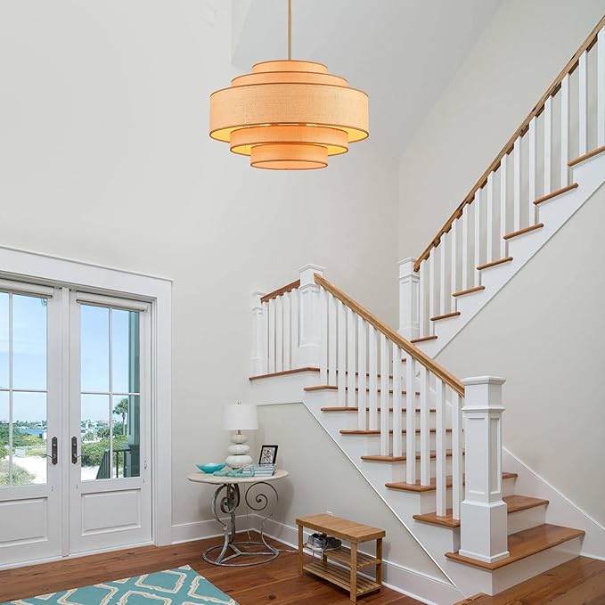 Farmhouse 26" Large Drum Rattan Chandelier 6-Lights Vintage Boho Rattan Chandelier Retro Vintage Bamboo Drum Chandeliers for Dining Room, Kitchen Island, Living Room, Bedroom