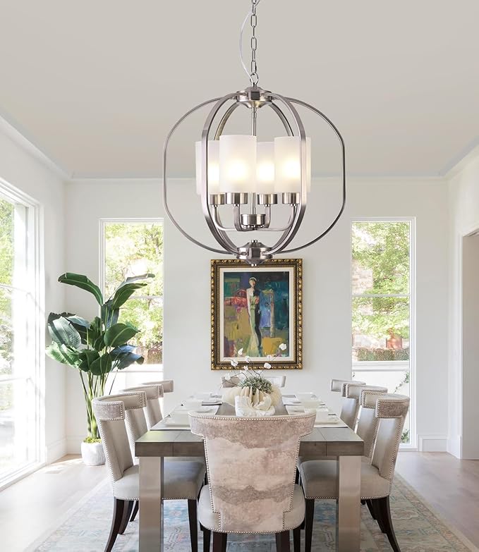 BOZO 20" Globe Chandelier Brushed Nickel Dining Room Lighting Fixtures 4 Light Modern Orb Chandeliers Ceiling Hanging Foyer Pendant Lighting Frosted Glass Shades