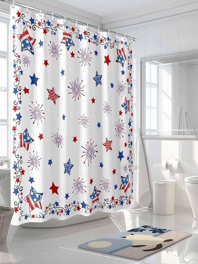 4th of July Shower Curtain, Patriotic Stars Fireworks Shower Curtains Set with Hooks, Red White and Blue Independence Day Waterproof Fabric Bathroom Curtains Decor Home Accessories,72 X 72 Inch Long