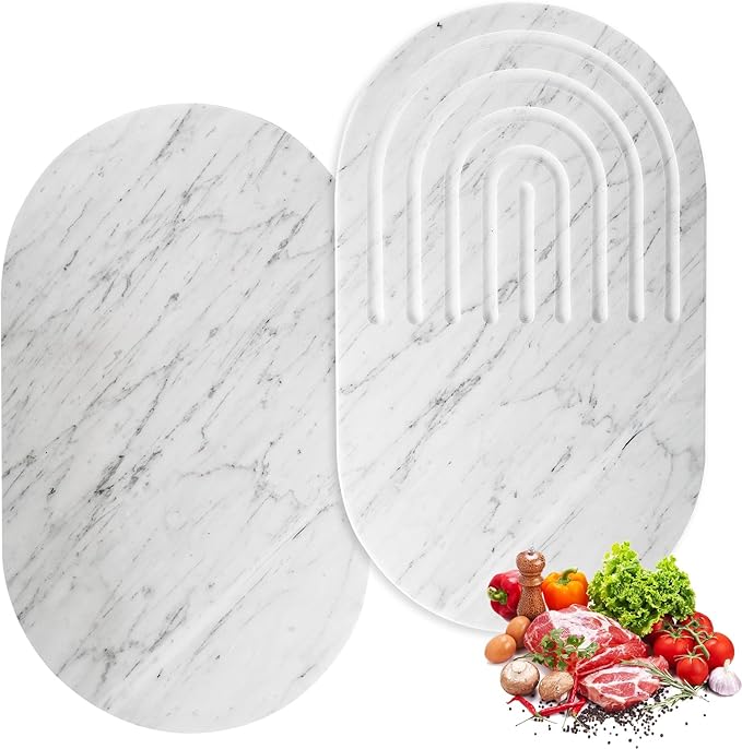 16.5"x9.8" Dual-Sided White Marble Cutting Board for Kitchen - Oval Stone Chopping Board with Anti-Slip Silicone Feet
