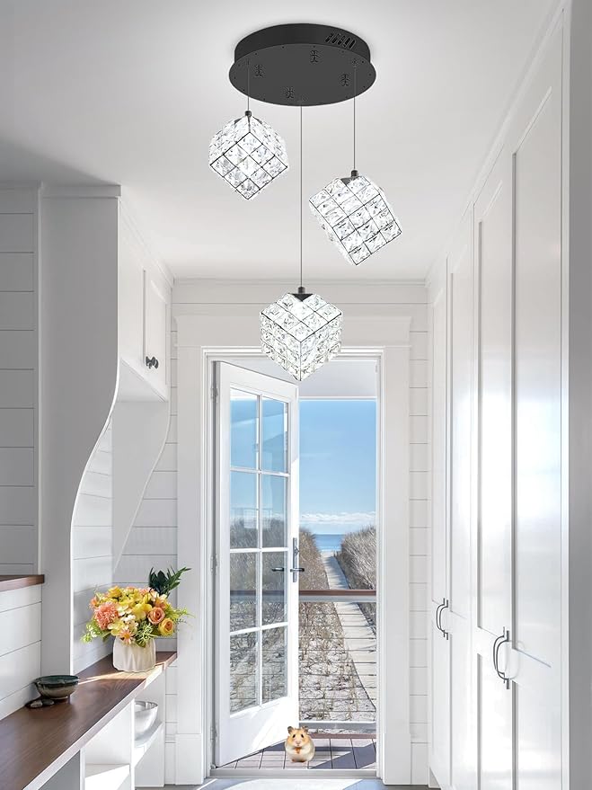 3-Lights Pendants Lightfor Kitchen lsland Chandeliers Dining Room,Square Entryway Light Fixture Hanging Adjustable Height Black Crystal Chandeliers for Bedroom Hallway Foyer
