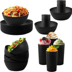 24pcs Dinnerware Sets,Plastic Plates and Bowls Sets,Dishes Set for 8,Unbreakable Modern Dish Sets,Reusable Dinning Set,Dishware Sets for Kitchen,Party or Picnic, Dishwasher Safe,Black,BPA free
