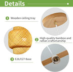 11.8inch Bamboo Pendant Light, Boho Chandelier Hand-Woven Wicker Rattan Hanging Ceiling Lighting, Rustic Farmhouse Pendant Lamp for Kitchen Island, Dining Room, Bedroom, Living Room, Foyer