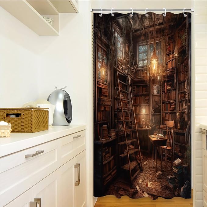 Vintage Medieval Library Shower Curtain Antique Room for Study Theme Bathroom Bathtubs Fabric Shower Curtain Set with 12 Hooks 36x72 inches Polyester Machine Washable, Yellow and Black