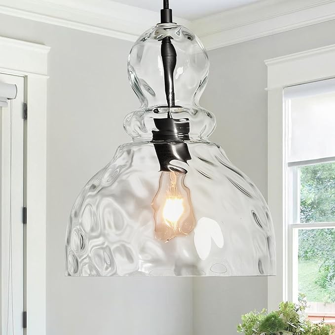 Hammered Glass Pendant Light for Kitchen Island Black Pendant Hanging Light 10inch Large Glass Pendant Lights for Kitchen Sink Dining Room Hallway Entrance, 10in, E26