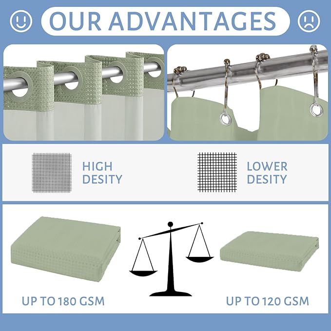 Furlinic Waffle Weave No Hook Shower Curtain with Snap in Fabric Liner Set,Heavy Duty Textured Bathroom Curtain with See Through Window,Waterproof & Machine Washable,Sage Green,71x72 Inch.