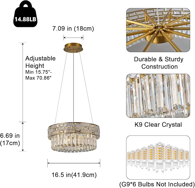 Crystal Chandelier, 16.5" 6-Light Small Chandelier for Living Room, Round Chandeliers for Bedroom Dimmable, Foyer Chandeliers for Entryway, Gold Ceiling Light Fixture Hanging Lights