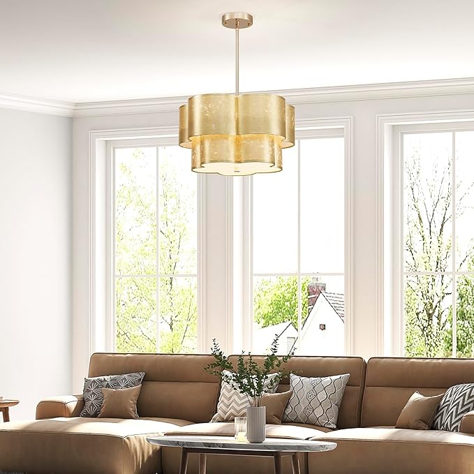 Shrine Lighting Chandeliers, Modern Design, Perfect Drum Pendant Light for Dining Room, D17.3'' × H9.4'', Adjustable 35'', 4 x E12 Sockets, Two Cloth Gold Lampshades & Gold Frame Finish