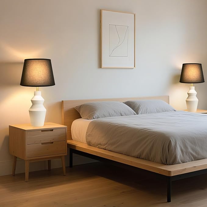 29.7" Modern Table Lamp, Single Farmhouse Rustic Bedside Lamp, White Cement lamp Base with Black Linen Shade, for Bedroom, Living Room Office Kids