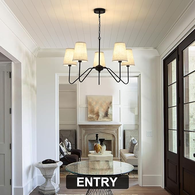 Chandelier with Linen Shade, Black Dining Room Light Fixtures Over Table, Classic Pendant Light Fixtures Ceiling Hanging Lighting for Living Room Bedroom, 5-Arm, 30" Dia