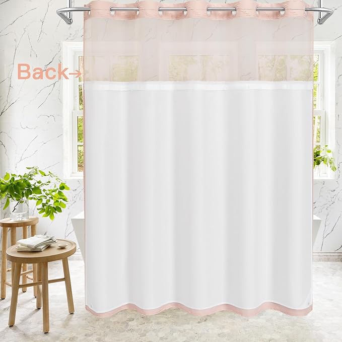 No Hooks Boho Light Pink Woven Fabric Shower Curtain 72 x 80 Modern Farmhouse, Tufted Chevron Striped Shabby Chic Textured, Minimalist Hookless Shower Curtains for Bathroom, Hotel Decor