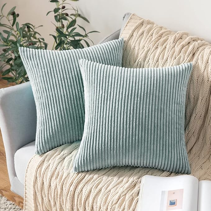 MIULEE Pack of 2 Corduroy Pillow Covers Soft Soild Striped Throw Pillow Covers Set Decorative Square Cushion Cases Pillowcases for Sofa Bedroom Couch 18 x 18 Inch Mint