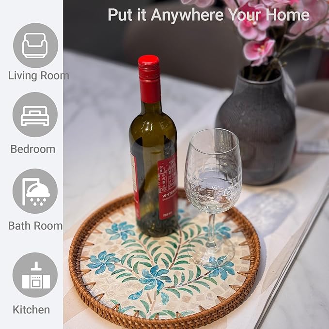 11.8 inch Round Rattan Serving Tray with Mother of Pearl Inlay Wicker Platter Coffee Tray for Coffee Table Decor Coastal Boho Kitchen Storage Display Decorative Basket Food Tray Handmade Wall Decor