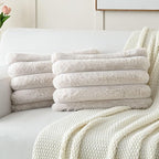FUTEI Beige Decorative Throw Pillow Covers 12x20 Inch Set of 2, Square Soft Faux Rabbit Fur Big Striped Cushion Cover,Home Decor for Couch Sofa Bed Living Room