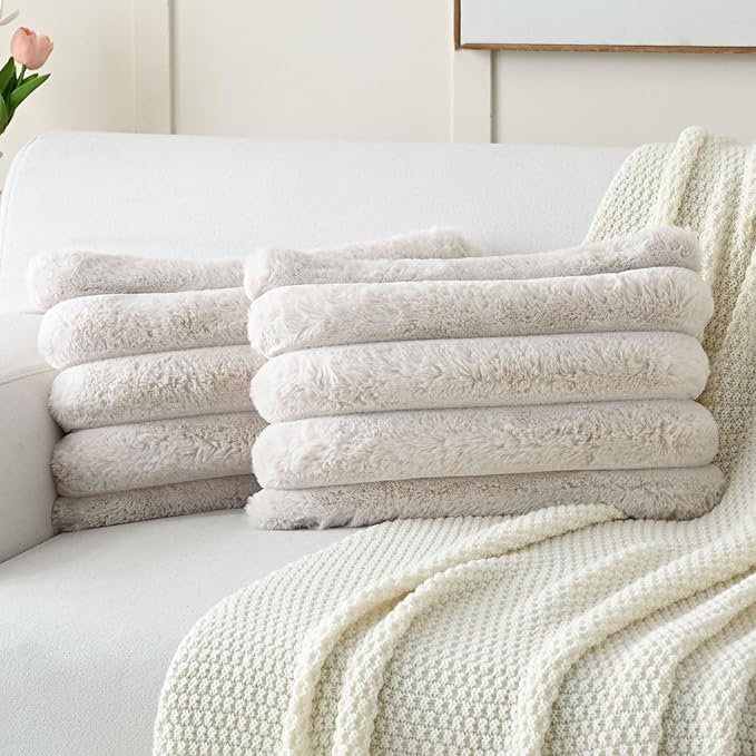 FUTEI Beige Decorative Throw Pillow Covers 12x20 Inch Set of 2, Square Soft Faux Rabbit Fur Big Striped Cushion Cover,Home Decor for Couch Sofa Bed Living Room