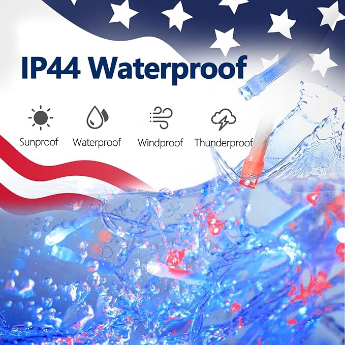 ILLUMINEW 4th of July Decorations 300 LED Red White and Blue String Lights Plug-in, 8 Modes 108ft Independence Day Fairy Lights for Patriotic Party Decor Indoor Outdoor
