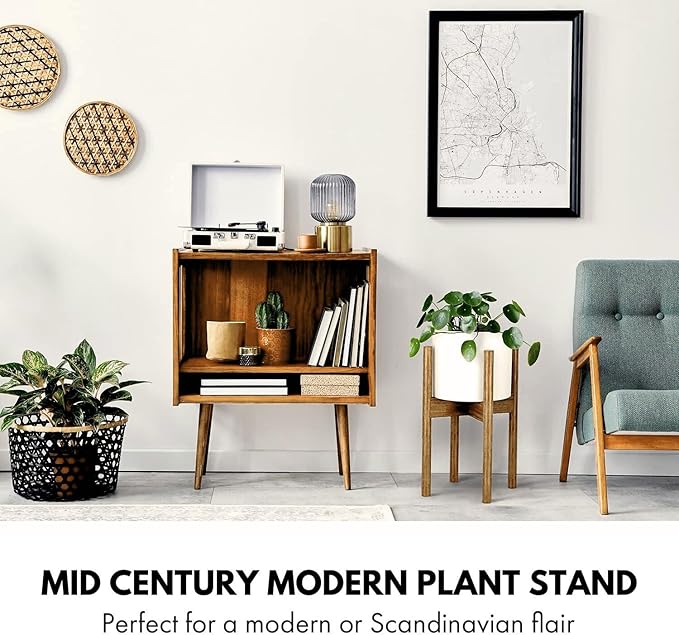 Fox & Fern Adjustable Plant Stand Indoor — 8 to 12 Inch Premium Mid Century Bamboo Plant Stand with Adjustable Width; Plug In Design; Easy to Assemble; Two Heights - For 8, 9, 10, 11 & 12 Inch Pots